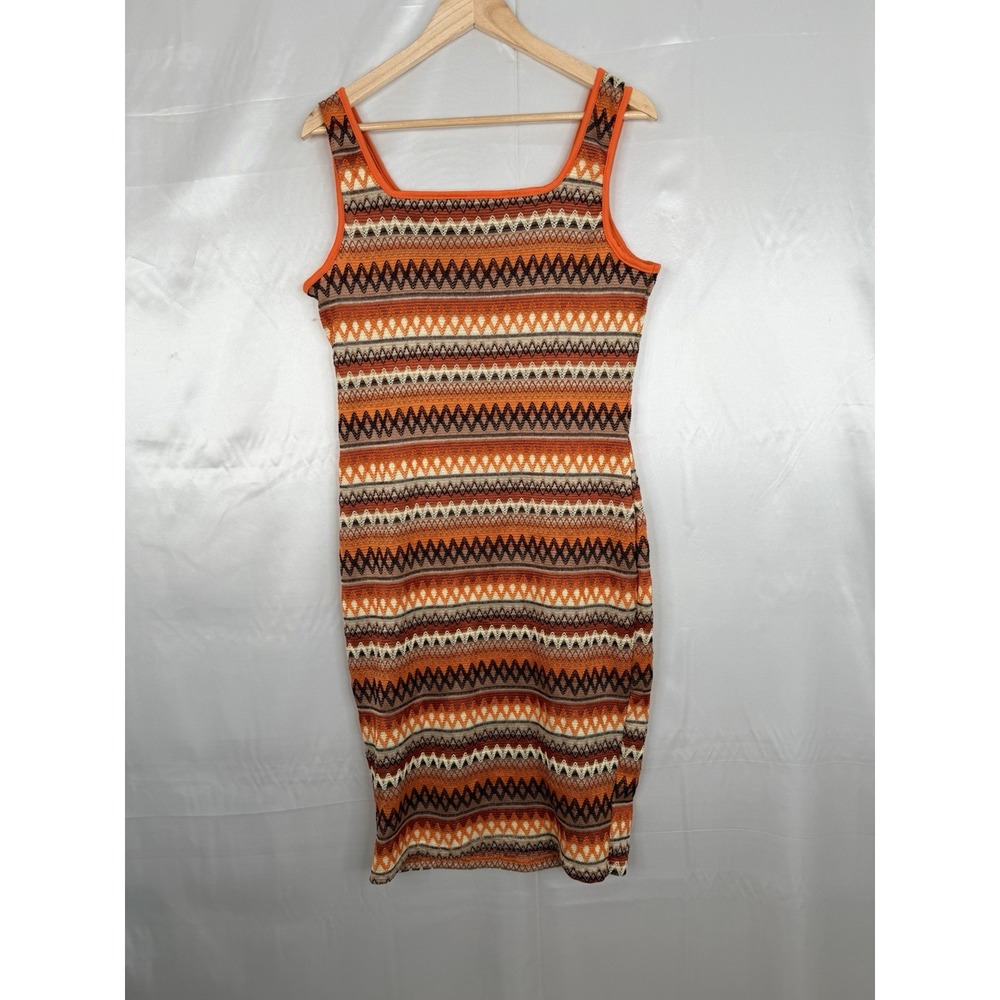 Orange‎ Brown Striped Knit Bodycon Mini Dress Tribal Print Sleeveless XL